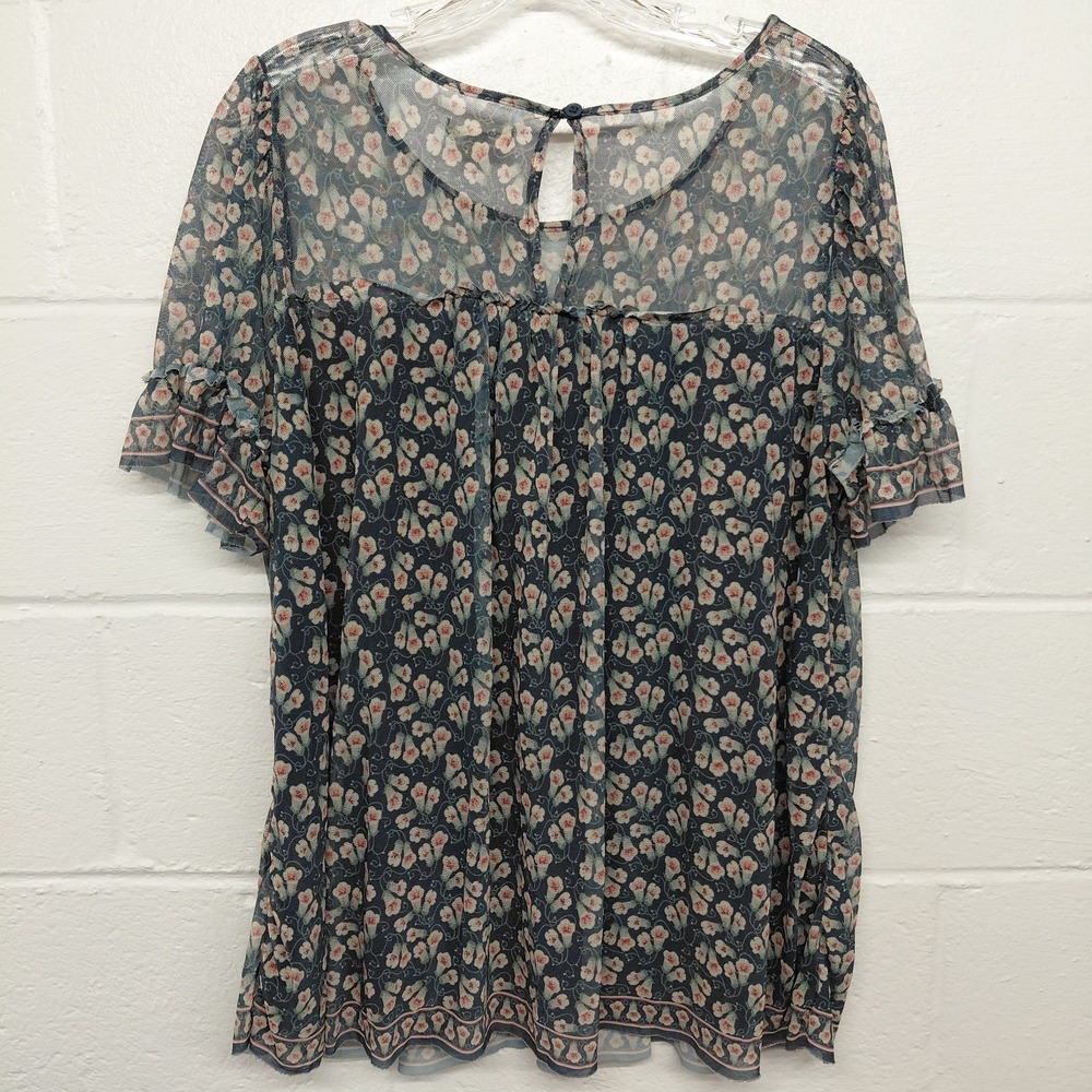 Max Studio Womens Peasant Top 1X Boho Short Sleeve Floral Cottage Lined Sheer - Picture 2 of 12